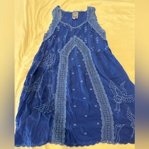 Johnny Was Blue Embroidered Flying Crane Sleeveless Dress Lace Boho Size S